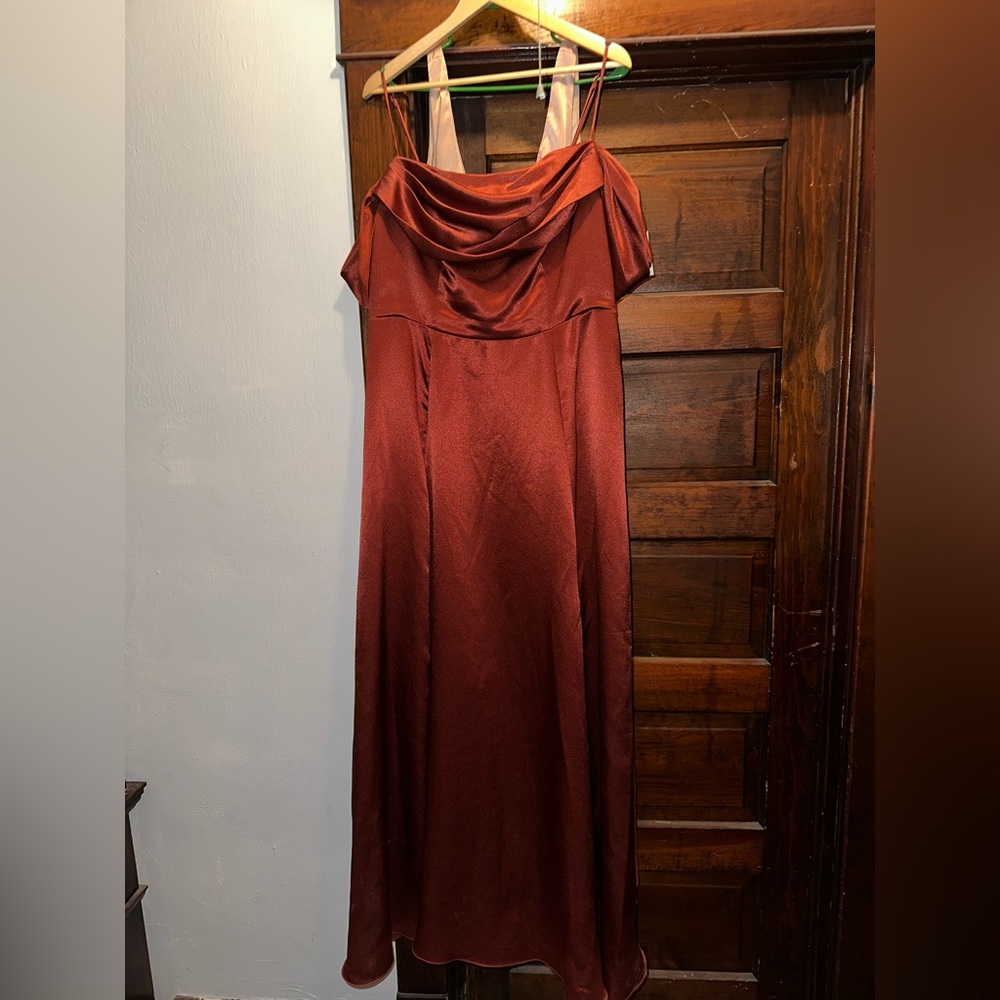 David's Bridal Copper Rust Satin Cowl Maxi Dress